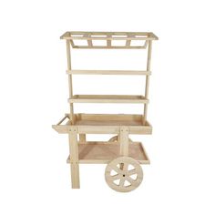 a wooden cart with wheels and shelves on it