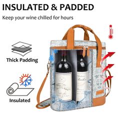 an insulated and padded wine bag with two bottles in it, labeled keep your wine chilled for hours