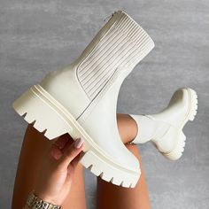 Boots With Chunky Heels, White Sock Boots, Cream Boots, Chunky Ankle Boots, High Heeled Boots, Pretty Shoes Sneakers, Shoes Heels Classy, Fresh Shoes, Boots Uk