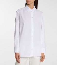 Classic White Blouse With Hidden Buttons, Classic White Blouse With Hidden Button Closure, Luxury White Cotton Blouse, Classic Blouse With Concealed Placket, Classic White Blouse With Concealed Placket, Timeless Office Shirt With Button Cuffs, Classic Dress Shirt With Concealed Placket For Daywear, Classic Daywear Blouse, Classic Shirt With Concealed Placket For Daywear