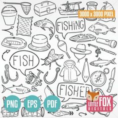 fishing and fishing related items in black and white with the words fish, fishes, hooks,