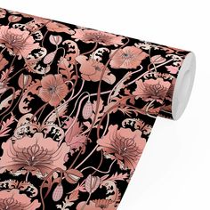 a black and pink floral wallpaper with flowers on the side, in an ornate pattern