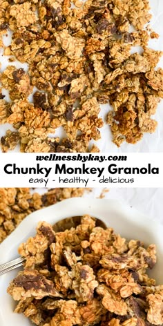 granola in a white bowl with chocolate chips on top and the words, crunchy monkey granola easy healthy delicious