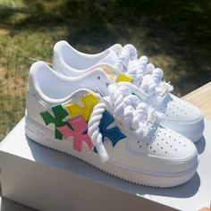 These Are A Brand New Pair Of Shoes! All I Did Was Customize Them With The Laces And Patches, So They Are As Good As New If Not Better ! Custom Shoes. Cheap, Custom Air Force 1 Off White, Custom Air Force 1 Rhinestone, Nike High-top Custom Sneakers With Logo Patch, Men’s Custom Air Forces, Custom Air Force 1 Nike Sign, Custom Air Force 1, Fashion Suits For Men, White Nikes