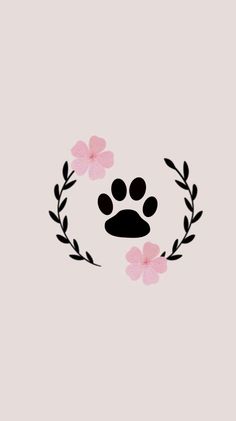 an animal paw with pink flowers in the center and black leaves around it on a light gray background