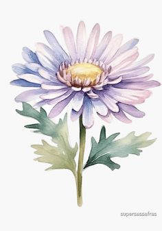 a watercolor painting of a purple flower with green leaves