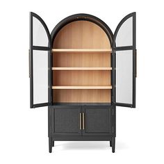 an open bookcase with two doors and shelves on the front, side by side