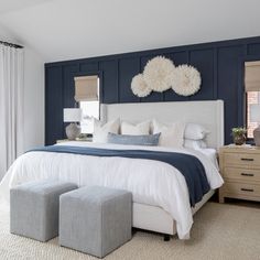 a bedroom with blue walls and white bedding, two stools in front of the bed