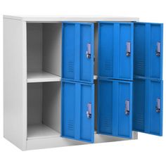 three blue lockers with one open and the other closed