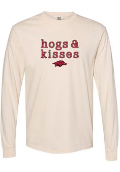 Display your Arkansas Razorbacks spirit in this Arkansas Ivory T-Shirt! This Arkansas Hog and Kisses Long Sleeve T-Shirt makes a great layer for cooler nights cheering on the Razorbacks. Featuring a screen print team saying on center chest, this Arkansas Razorbacks Long Sleeve LS Tee is a must-have for any fan. Woo Pig Sooie! Comfort Colors brand, 100% ring spun cotton, Soft hand, washed garment dyed fabric, Double needle collar, armhole, sleeve and bottom hems, Twill taped neck and shoulders, T Arkansas Razorbacks Shirts For Women, Woo Pig Sooie Shirt, Arkansas Razorback Shirts, Arkansas Shirts, Razorback Shirt, Woo Pig Sooie, Arkansas Razorbacks, Star Spangled, Dyed Fabric