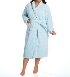 Cuddle into the warm embrace of this fleecy knit robe. Robe has wide shawl collar. Wide patch pockets at front hold small items and warm your hands. Long sleeves have double layer cuffs. Honeycomb fleece body has distinctive jacquard knit. Removable belt stays in place with loops at sides. Internal ties are satin ribbon and help keep robe closed. Back of collar has convenient loop for hanging. Interior tag gives fabric content and care instructions. Heavyweight fleece knit keeps you snuggly warm Nightwear Dress, Hooded Robe, Pyjama Sets, Spa Bath, Soft Dress, Women Nightwear, Contemporary Outfits, Womens Robes, Womens Fleece