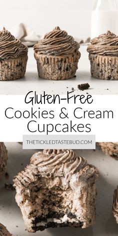 gluten - free cookies and cream cupcakes with chocolate frosting on top