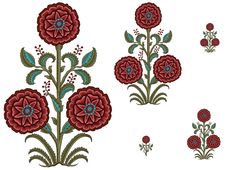 three red flowers with green leaves and stems on white background, one in the center