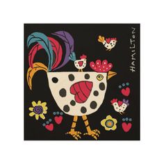 a painting of a rooster with hearts and flowers on it's head is shown