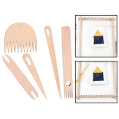 three different types of wooden combs, scissors and other items on a white background