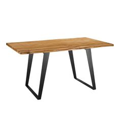 a wooden table with black metal legs