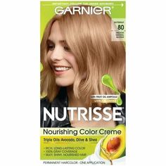 Garnier Nutrisse Haircolor - 80 Butternut (Medium Natural Blonde) 1 Each Color: 80 Butternut (Medium Natural Blonde) Size: 9 Ounce UPC: 603084242573 Garnier Nutrisse hair color creme nourishes with grape seed and avocado oil. The nourishing color creme enriched with fruit oil concentrate, penetrates deep into hair fibers to nourish and condition your hair so it takes color better and holds it longer, root-to-tip. Garnier Nutrisse delivers rich, long- lasting color with 100% gray coverage. Produc Garnier Hair Color Chart, Highlights Bob, Box Hair Dye, Garnier Hair Color, Color Conditioner, Balayage Ombré, Hair Color Chart, Natural Blonde, Natural Blondes