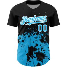 Custom Black Sky Blue-White 3D Pattern Design Abstract Splash Grunge Art Authentic Baseball Jersey Blue Baseball Jersey With Letter Print For Baseball Season, Blue Baseball Jersey With Letter Print, Blue Letter Print Baseball Jersey For Baseball Season, Blue Letter Print Baseball Jersey, Blue Baseball Jersey With Sublimation Print For Game Day, Customizable Blue Jersey For Baseball Season, Blue Team Spirit Baseball Jersey For Baseball Season, Blue Baseball Jersey For Streetwear With Team Spirit, Blue Baseball Jersey With Baseball Collar For Team Events