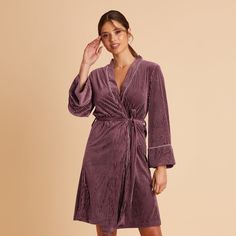 Fall and winter bridesmaids, get cozy! We love the jewel-toned hues of these plush velvet robes with modern ribbed detailing to add some luxe feels to your bridal suite. Bundle up while you get ready for the most dreamy cold-weather nuptials in wrap-style robes that say 'were the most refined bridesmaids around.' Winter Bridesmaids, Rose Got, Birdy Grey, Velvet Kimono, Bridal Party Robes, Dark Rose, Rose Shop, Groomsmen Suits, Bridesmaid Robes