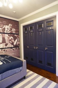 a bedroom with two lockers and a bed