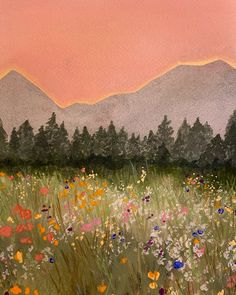 Flower Field Art PrintWild Flower Art PrintMountainEtsy Wildflower Art Print, Field And Mountains, Flower Field Art, Flower Field Painting, Wildflower Painting, Field Art, Waterfall Art, Field Painting, Wildflower Field