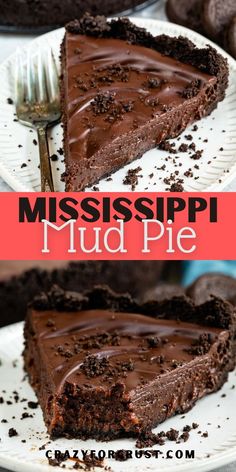 a piece of mississippi pie on a plate with a fork and chocolate frosted crust