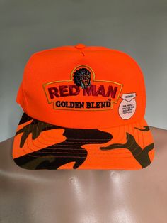 New & unworn Red Man Golden Blend Chewing Tobacco hunters snapback hat from the late 80's.  Neon orange USA made mesh hat, mint shape. OSFA. Mens Hats, Mesh Hat, Neon Orange, Snapback Cap, Snapback Hat, Trucker Cap, Snapback Hats, Favorite Things Gift, Hats For Men