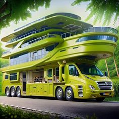 a yellow bus is parked in front of a green building that looks like a house