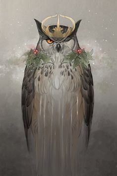 an owl with a crown on it's head and flowers around its neck is standing in the snow