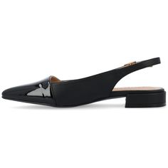 The Bertie low-block heel flats from Journee Collection will be the perfect shoe to take you from the office to a nice evening out to dinner. Their luxe vegan patent leather padded footbed sling back strap buckled ankle strap two-tone design and pointed toe will give you that classy yet casual look to compliment your outfit. To keep it simple their pull-on closure will make them easy to slip on and off as you rush to your next event. Slingback Flats, Low Block Heels, Pointed Toe Flats, Sling Back, Journee Collection, Perfect Shoes, Black 7, Keep It Simple, Toe Designs