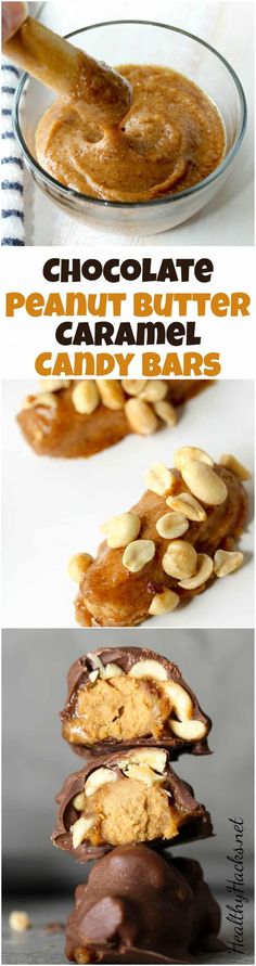 chocolate peanut butter caramel candy bars are stacked on top of each other with the words,