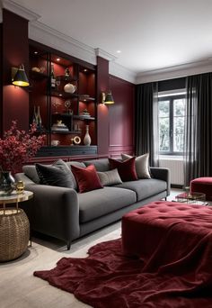 Dark Grey Couch Living Room Ideas Dark Red Accent Wall Living Room, Burgundy Grey Living Room, Mysterious Interior Design, Jewel Tone Living Room Gray Couch, Black And Red House Interior Design, Grey Red Living Room, Dark Romantic Living Room, Grey And Burgundy Living Room, Gray Sofa Living Room Color Schemes