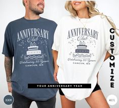 Anniversary shirt for couples looking to celebrate their special milestone in style! This customizable t-shirt features a charming anniversary cake design with options to personalize the text and candle count, making it perfect for any year (10th, 20th, 50th, etc.) of celebration.  (CV_0186) HOW TO ORDER: Step 1:  Please check and review all listing details and photos. Step 2: Select your shirt - Style/Color (Ex: Black) Step 3: Select your shirt - Size (Ex: S) Step 4: Add any requests in the "Add your personalization" box (if required). Step 5: Select the quantity (If available). Step 6: Click ADD TO CART. For multiple items go back to the listing and repeat the steps. PRODUCT DETAILS: COMFORT COLOR 1717 ●Unisex Relaxed Style Fit ●Medium fabric (6.1 oz/yd² (206.8 g/m ●100% ring-spun cotton Anniversary White Custom Print T-shirt, Customizable Crew Neck T-shirt For Anniversary, Custom Text Crew Neck Top For Anniversary, Custom Print White Top For Anniversary, Custom Print White Tops For Anniversary, White Custom Print Top For Anniversary, White Custom Print Tops For Anniversary, White Tops With Custom Print For Anniversary, 51st Anniversary