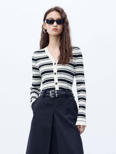 MO&Co. Women's Black and White Stripe Structured Knit Cardigan Cardigan Design, Black And White Stripes, Elastic Fabric, Effortless Elegance, Bold Black, Embroidery Details, Color Stripes, Striped Knit, Stripes Design