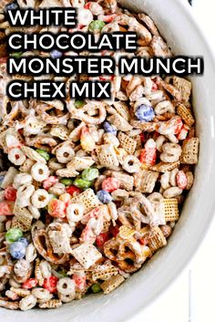 white chocolate monster munch chex mix in a bowl with the title overlay