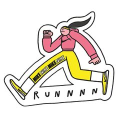 the running sticker is designed to look like a woman with long black hair and yellow pants