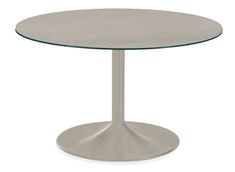 a round table with a glass top and metal base, viewed from the front view