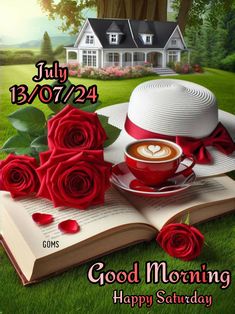 an open book with roses and a cup of coffee sitting on top of it, in front of a house