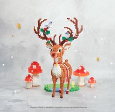 a deer made out of legos is standing in front of some mushrooms and mushrooms