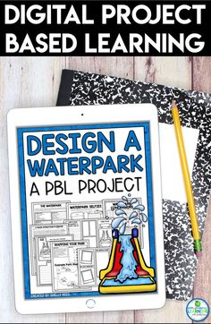 an ipad with the title design a waterpark in front of it and a pencil next to it