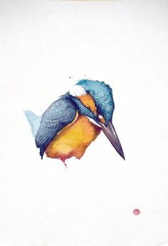 a watercolor painting of a blue and yellow bird with a beak on it's head