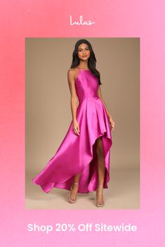 Raise a glass in the Broadway Show Magenta High-Low Maxi Dress! Medium-weight woven taffeta, with a high shine sheen, shapes this show-stopping gown with adjustable spaghetti straps, an apron neckline, and a princess-seamed bodice. Fitted, banded waist sits atop a flowy, high-low maxi skirt with box pleats, side seam pockets, and a voluminous silhouette. Hidden back zipper/clasp. Fit: This garment fits true to size. Length: Floor length. Size medium measures 57" from adjustable straps to hem. Bu Satin Finish Maxi Length Party Gown, Glamorous Taffeta Evening Dress, Chic Satin Finish Gown For Prom, Glamorous Taffeta Prom Evening Dress, Taffeta Prom Dress, Glamorous Taffeta Evening Dress For Prom Season, Glamorous Taffeta Evening Dress For Prom, Glamorous Taffeta Gown For Party, Glamorous Satin Ball Gown