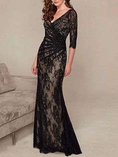 Sheath / Column Open Back Formal Evening Dress Plunging Neck 3/4 Length Sleeve Floor Length Lace with Ruched 2022 2024 - $191.99 Floor Length Lace Dress, Bride Dress Elegant, Evening Dresses Online, Mother Of Groom Dresses, Cheap Evening Dresses, فستان سهرة, Mother Of The Bride Dress, Groom Dress, Dress Elegant