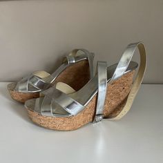 Jimmy Choo Wedges With Cross Ankle Straps Size: Eu 41, Us 11 Color: Silver Condition: Preowned In Good Condition - See Photos For Details Wedge Platform Sandals, Leather Cross, Jimmy Choo Shoes, Ankle Straps, Platform Wedges, Cork Wedge, Platform Sandals, Women's Shoes Sandals, Jimmy Choo