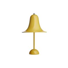 a yellow table lamp on a white background with the light turned off to show it's shade