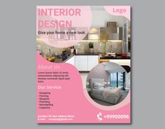 a brochure for interior design is shown in pink and white colors, with an image of a living room