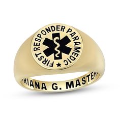 For the first responder in your life, this personalized signet ring is a great way to honor their service. Select your choice of metal The round top features your choice of graphics and can be engraved with a line of text along the border Add another line of meaningful text to be inscribed along the inside of the shank This ring tapers from 11.5mm to 2.5mm width Customizable Yellow Gold Signet Ring, Customizable Yellow Gold Round Signet Ring, Engraved Signet Ring For Commemoration, Classic Engraved Customizable Ring, Gold Customizable Round Signet Ring, Classic Customizable Engraved Round Ring, Personalized Classic Signet Ring For Commemoration, Classic Personalized Signet Ring For Commemoration, Classic Personalized Engraved Ring For Commemoration