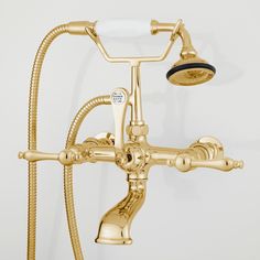 a gold faucet and shower head with hose