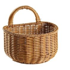 a wicker basket is shown on a white background with clipping for the handle