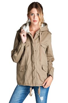 Faux Fur-Lined Contrast Anorak Parka Jacket in Khaki Utility Fashion, Faux Fur Hoodie, Parka Style, Anorak Jacket, Plus Size Leggings, Leggings Design, Fur Fashion, Parka Jacket, Military Fashion